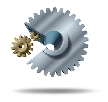 Hostile takeover  and acquisitions by corporate mergers and unfreindly or frieindly shareholder agreement for a big company to buy a small business for strategic financial planning and growth represented by a big cog eating a small gear.