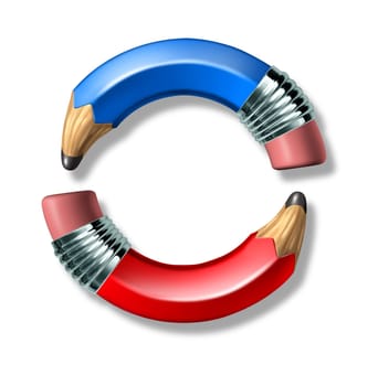 Blue and red curved pencil symbol representing politics and voting on a white background.