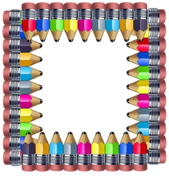 Frame made of pencils with multi color border featuring mini pencils showing the concept of education a school instrument used for writing and drawing art.