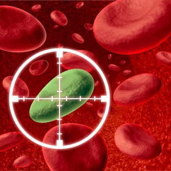 Research into a cure represented by a disease that has entered the human body blood cells and is being targeted by crosshairs to kill the virus intruder for a healthy body.