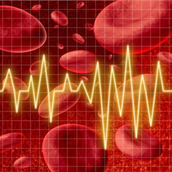 Blood cells with an ekg heart monitor symbol  on a graph grid representing the concept of healthy human artery circulation and medical coronary care in relation to strokes.