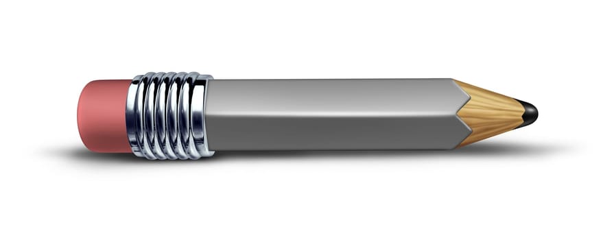 Short grey pencil on a white background lying flat on the floor with a shadow representing the concept of education and schools with a focus on writing and drawing.
