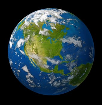 Earth planet featuring North america with the United States Canada and Mexico surrounded by blue ocean and clouds on black.