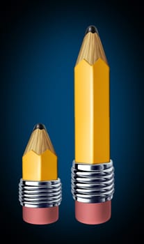 Mentoring and tutoring symbol of education between a student and a teacher represented by the metaphor of a big pencil and small pencil.