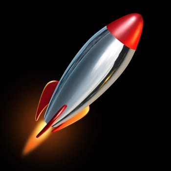 Rocket blast off into black space with a flame propelling the metal missile upward and beyond to explore new opportunities.
