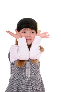 girl in a black knitted hat isolated on white background