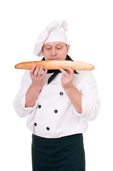 chef with French roll isolated on white background