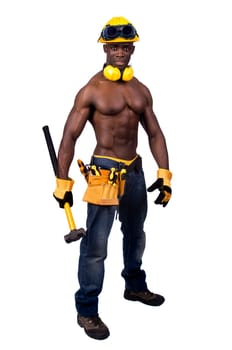 Strong build black construction worker with big hammer isolated in white