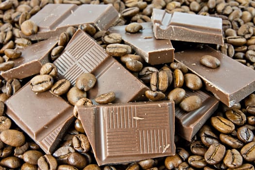 close-up of coffee beans and milk chocolate