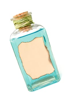 bottle with blue liquid over a white background