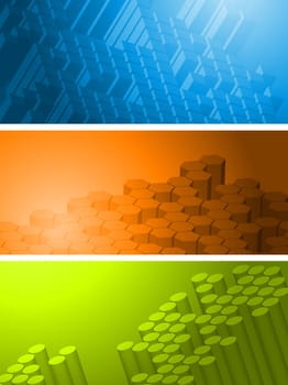Set of bright tech banners with 3d geometrical elements
