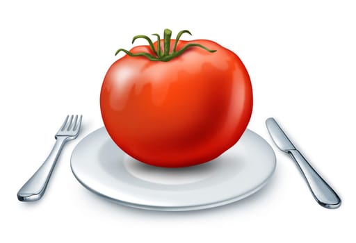 Healthy diet represented by a white dish with fork anf knife and a large red tomato representing health food and good health nutrition.