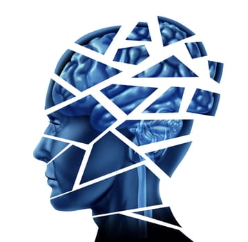 Brain injury and neurological disorder represented by a human head and mind broken in pieces to symbolize a severe medical mental trauma and cognitive illness on white background.