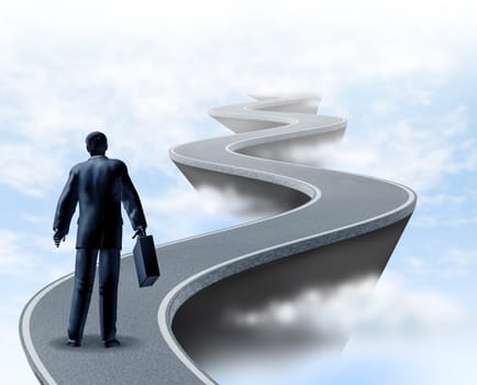 Business uncertainty and risk represented by a winding road high above the clouds showing the concept of danger and extreme challenges faced in business and the corporate world of finance and financial services.