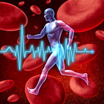 Human cardiovascular circulation represented by a running human with a background of red blood cells flowing through an artery showing the concept of the medical circulatory system that is well oxygenated.