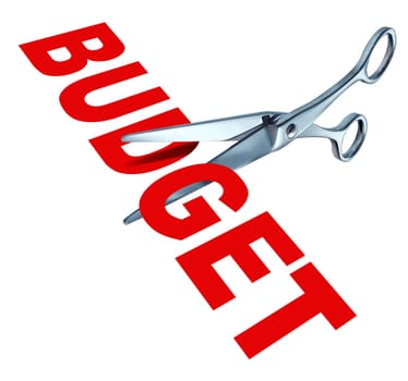 Budget cuts symbol for reducing budgeted expenditures by slashing costs and eliminating financial surplus represented by sharp open metal scissors.