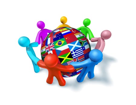 International network of world cooperation represented by a shere globe with flags from around the world and human characters of different colors connected in a network holding hands.