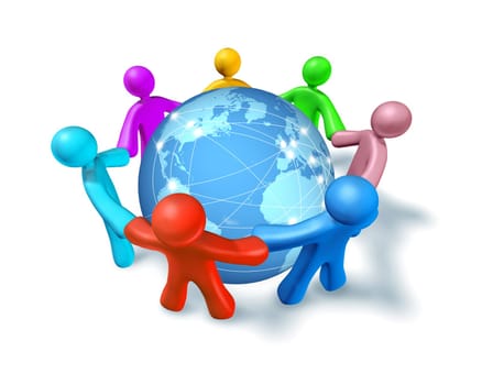 Internet connections and networks around the globe represented by a global international sphere resting on the floor showing the communications amongst cities and continents around the world with people holding hands.