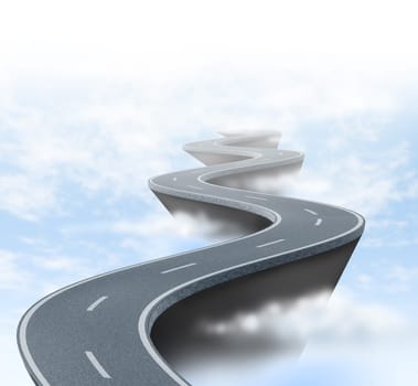 Risk and uncertainty represented by a winding road high above the clouds showing the concept of danger and extreme challenges faced in business and life.