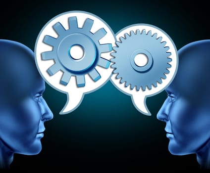 Two human heads sharing referrals to increase business opportunities represented by two faces talking with word bubbles with gears and cogs as symbols of networking.