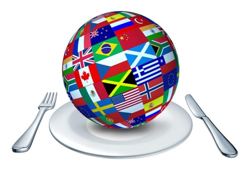 International cuisine represented by a globe with flags from many countries as Italy France and China representing gourmet and home cooking from around the world.