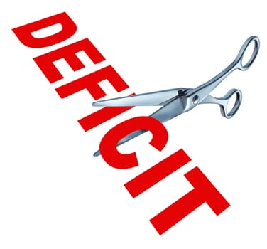 Cutting the deficit to balance the government financial budget due to the recession and other public debt crisis represented by open sharp scissors.