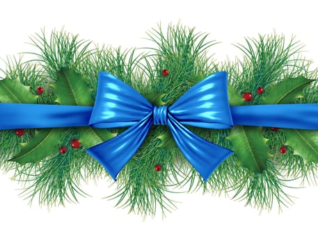 Blue silk bow with pine border ornamental holiday decoration for Christmas festive winter celebration on a white background.