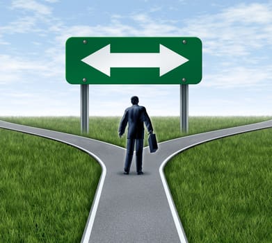 Decision time for a career with a business man at a cross roads  and road sign with arrows showing a fork in the road representing the concept of a work dilemma choosing the direction to go when facing two equal or similar job options.