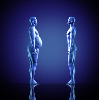 Dieting and losing weight symbol with an over weight man facing a normal fit human representing the concept of eating disorder and nutrition for a healthy lifestyle.