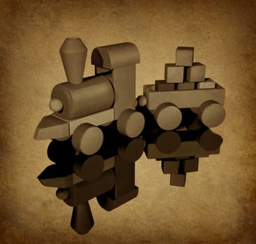 Old vintage toy train with grunge texture showing a wooden play set with basic geometric shapes on an old parchement paper texture background representing youth and time past in history as a child.