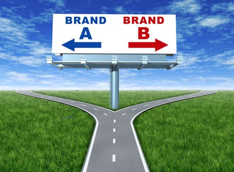 Choosing brands and branding loyalty represented by a horizontal billboard with a choice of brand a and brand b sitting on a cross roads with green grass and sky showing the concept of marketing and promotion.