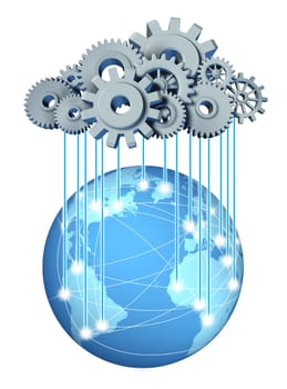 Global cloud network computing network symbol with a cloud and rain in the form of gears and cogs representing the expansion of the global cloud computing technology on a world and international internet partners
