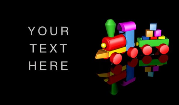 Preschool and kindergarten kid toy symbol representing nursery playgroup concept featuring a colorful wooden train set with basic geometric shapes on a black background.