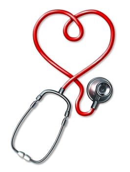Stethoscope heart symbol represented bu a medical acoustic instrument with the cord in the shape of a red heart representing health and fitness in the world of medicine.