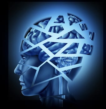 Damaged human brain injury and neurological disorder represented by a man&#039 s head and mind broken in pieces to symbolize a severe medical mental trauma and cognitive illness on black background.