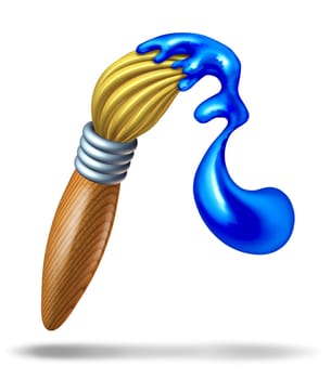 Paintbrush with glossy blue paint splash at the tip of the bristles splashing in a swirl shape representing the concept of creativity and arts and crafts for children and school students.