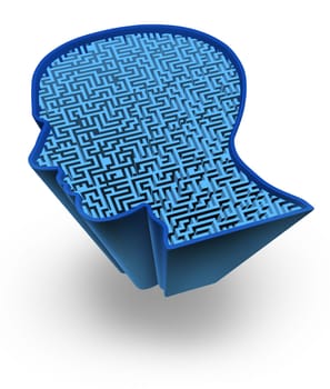 Human brain and intelligence puzzle with a blue glowing maze and labyrinth in the shape of a human head as a symbol of the complexity of brain thinking as a challenging problem to solve by medical doctors.