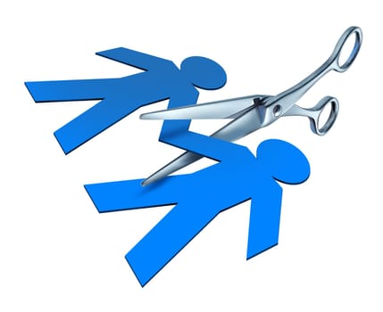 Divorce and separation represented by a pair of metal scissors cutting into a blue paper cut out of a couple of people in a break up broken ties of an ending relationship between a husband and a wife.