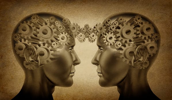 Business partnership and teamwork symbol represented by two human heads with gears connected together as a symbol of network referrals and relationships on an old grunge parchement background.