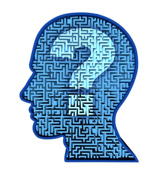 Human brain research and intelligence puzzle with a blue glowing maze and labyrinth in the shape of a human head and question mark as a symbol of the complexity of thinking as a challenging problem to solve by medical doctors.