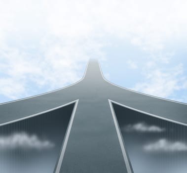 Corporate and business mergers featuring three roads merging into one focused path going into a vanishing point in the sky showing the concept of partnerships and teamwork sharing the same common vision and company philosophy.