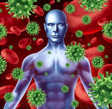 Human disease and infection representing a medical health concept of bacterial virus transfer and spread of infections from human transfusions showing the upper body of a patient torso.
