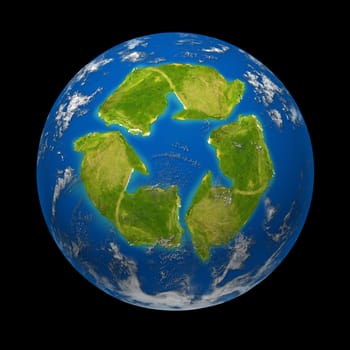 Global change and Earth climate symbol represented by a planet with a continent in the shape of a recycle symbol showing the ecological green environmentaly freindle recycling program to save the earth from the end of the world.