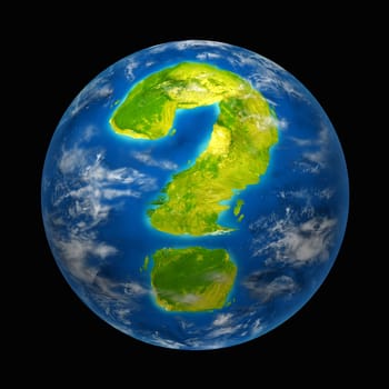 Global future with warming uncertainty and questions featuring the planet earth with a continent in the shape of a question mark representing international environment change and global warming indicators for nature and the world.