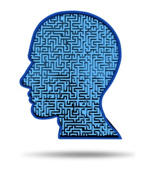 Finding a cure for a brain disease symbol with a maze and labyrinth in the shape of a human head as a concept of research into the complexity of brain thinking as a challenging problem to solve by medical doctors.