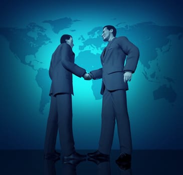 International business deal with a handshake between two buinessmen with a blue world map in the background representing partnerships connections and contract agreements.