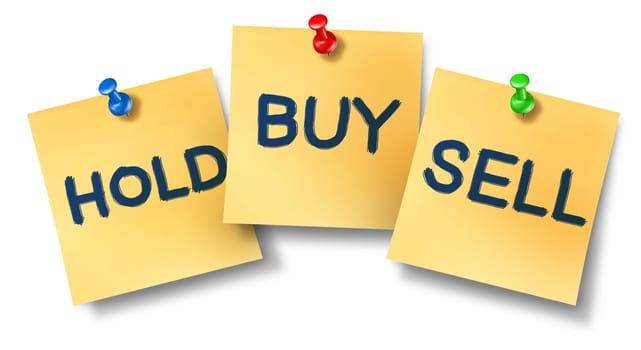Buy sell hold office notes representing the stock market exchange trading concept for wall street brokers and investors investing in equities or selling their company ownership.
