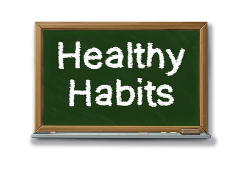Healthy habits on a school black board representing the concept of good health oriented behavior routine that involves mental and phisical health choices for human well being and a successful lifestyle.