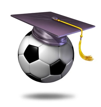 Soccer training school by professionalsas a symbol of learning the skills of the sport of soccer by a soccer pro represented by a mortar hat or graduation cap on a ball showing the certification of a student for the completion of the course.