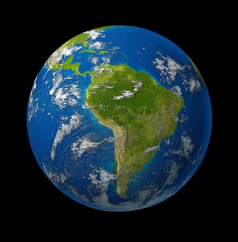 South America earth globe planet on black space background featuring america and latin american countries surrounded by blue ocean and clouds.